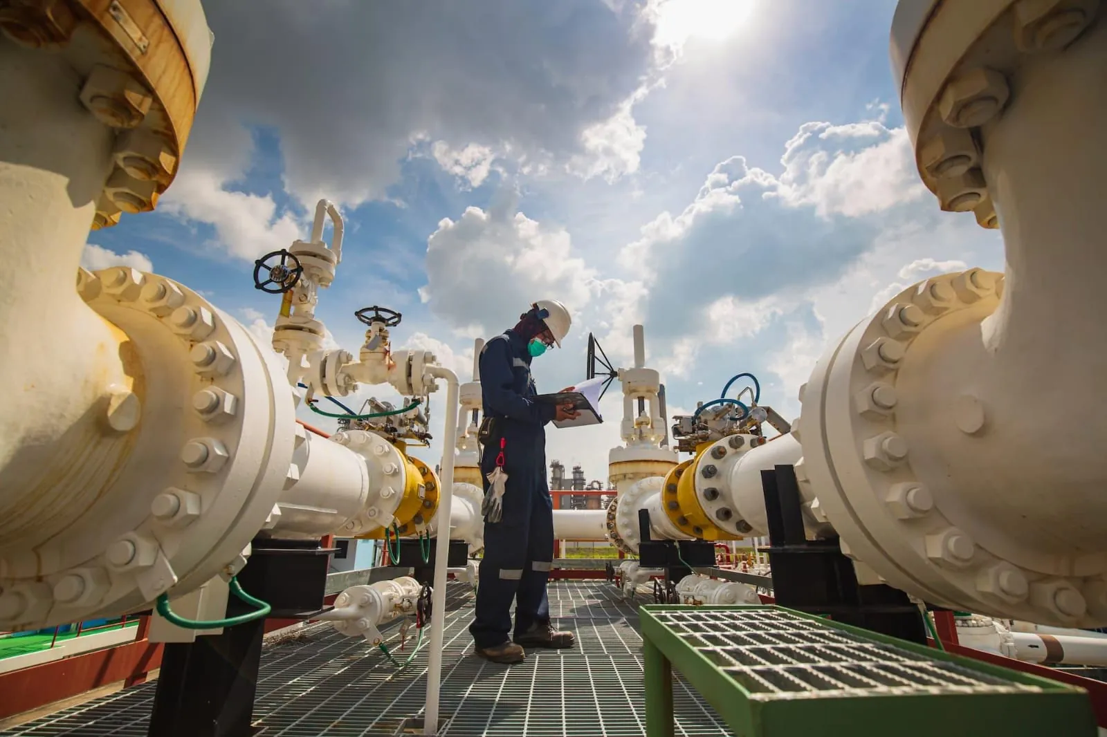 GEMC engineer inspecting bolted flange joints and valves on a gas processing plant