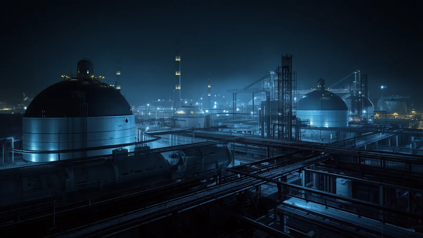 LNG facility at night with spherical storage tanks and cryogenic pipework