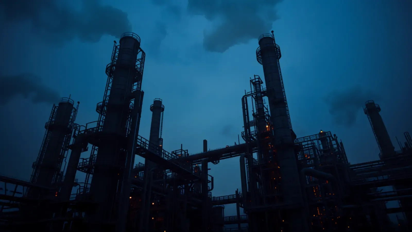 Petrochemical cracker towers silhouetted against a dark blue sky